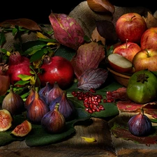 grenades, Fruits, Leaf, composition, figs, apples