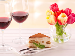 Tulips, glasses, cake, composition, Vase, Wine