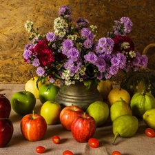 apples, Vase, Flowers, vegetables, Aster, composition, bouquet, pumpkin, truck concrete mixer, Fruits
