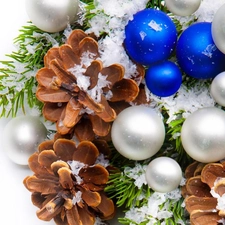 Blue, baubles, cones, White