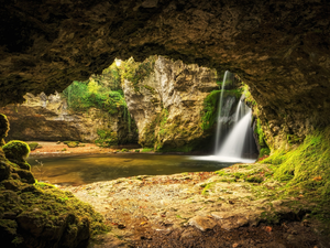 Canton Vaud, Switzerland, Venoge River, Waterfall Tine de Conflens, mossy, rocks, VEGETATION, Stones, cave
