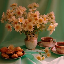 daisy, tea, Cookies, cups