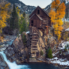 Crystal Mill, Windmill, Crystal River, snow, Colorado, The United States, trees, viewes, rocks