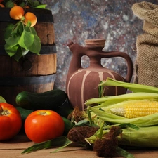 composition, tomatoes, cucumbers, corn