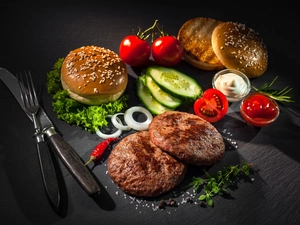 tomatoes, Components, pepper, cucumbers, Hamburgers, onion, cutlery