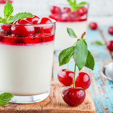 dessert, cup, cherries, Panna cotta