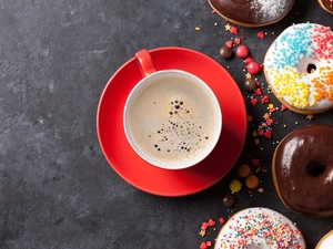 cup, glace, Drops, donuts, Scatter, red hot, coffee, Donuts