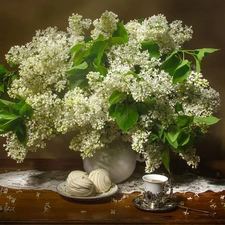 White, without, tablecloth, Vase, cookies, bouquet, Flowers, cup