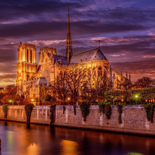 Paris, France, River Seine, Night, Cathedral Notre Dame