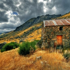 stone, Mountains, dark, clouds, house, Meadow