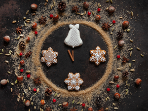 Sprinkled, composition, Brown, sugar, anise, background, dark, ginger, Christmas, blueberries, nuts