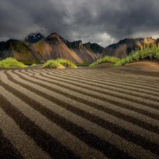 Mountains, Plowed Field, Clouds darkened the Skies