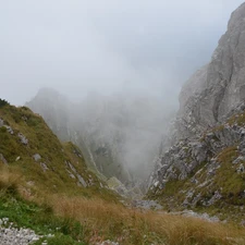 Mountains, Steep, descent, Fog