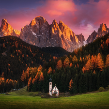 Massif Odle, forest, Great Sunsets, Val di Funes Valley, Church of St. John, Dolomites Mountains, Italy