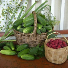 Baskets, raspberries, dill, cucumbers