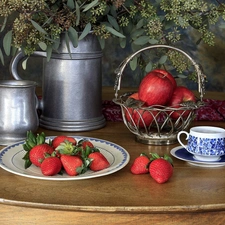 still life, apples, dishes, strawberries