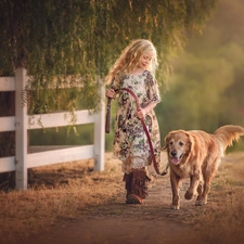 girl, Fance, Golden Retriever, Path, trees, dog, wander