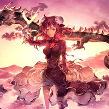 Dragon, girl, Mountains