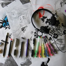 Pens, HEADPHONES, drawings, Pencils
