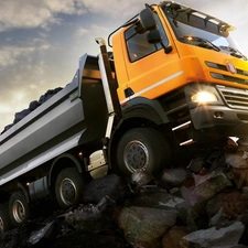 dump truck, rocks