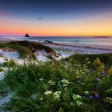 west, sea, Dunes, sun