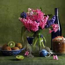 Wine, hyacinths, cake, Red, bouquet, kiwi, Easter egg