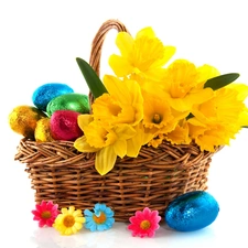 basket, chocolate, eggs, Daffodils