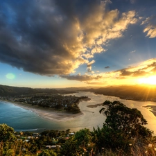 emerging, sun, Gulf, clouds, sea