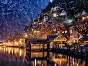 Mountains, Hallstatt, light, Hallstättersee Lake, Austria, Houses, evening
