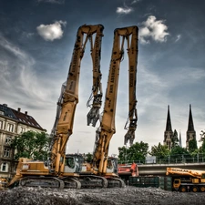 Excavators, crane, buildings, bridge, Town