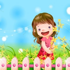 Kid, Flowers, Fance, joy