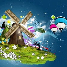 Windmill, Sky, fantasy, Balloons