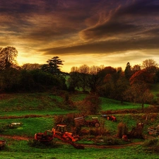 twilight, farm, farm, Tractor