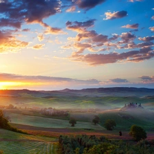 sun, medows, Mountains, Tuscany, clouds, field, Farms, Italy, autumn, rays