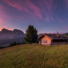 Seiser Alm Meadow, Dolomites Mountains, Italy, The Hills, fence, Great Sunsets, Wooden, cottage, Meadow