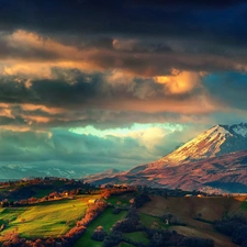 west, Mountains, field, sun