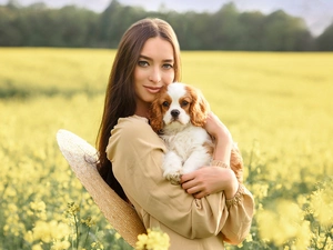 dog, longhaired, Hat, Field, Puppy, Women