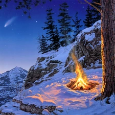 viewes, rocks, fire, winter, snow, trees