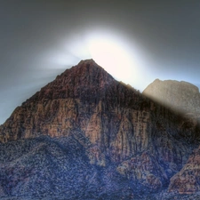 sun, Przebijające, luminosity, ligh, rocks, flash, Mountains