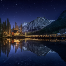 lake, Canada, Yoho National Park, Emerald Lake, Floodlit, reflection, Night, Mountains, British Columbia, house, bridge