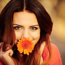 smiling, make-up, Flower, brunette