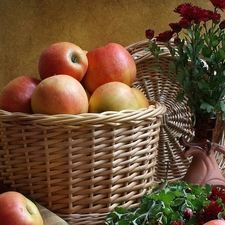 basket, apples, Flowers, wicker