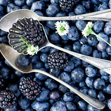 blueberries, Spoons, Flowers, blackberries