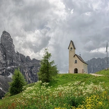 church, Meadow, Flowers, Mountains