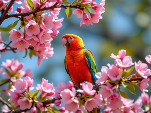 Coloured, Flowers, Fruit Tree, parrot