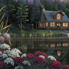house, lake, Flowers, by