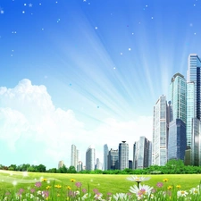 Flowers, skyscrapers, Meadow