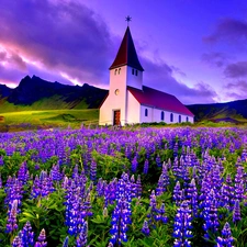 Mountains, Church, Flowers, Meadow