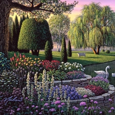 Flowers, Garden, Swan