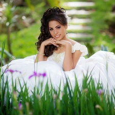 young lady, Flowers, White, Dress, Women